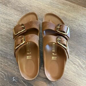 Birkenstock Tan Leather Sandals with Gold Buckles